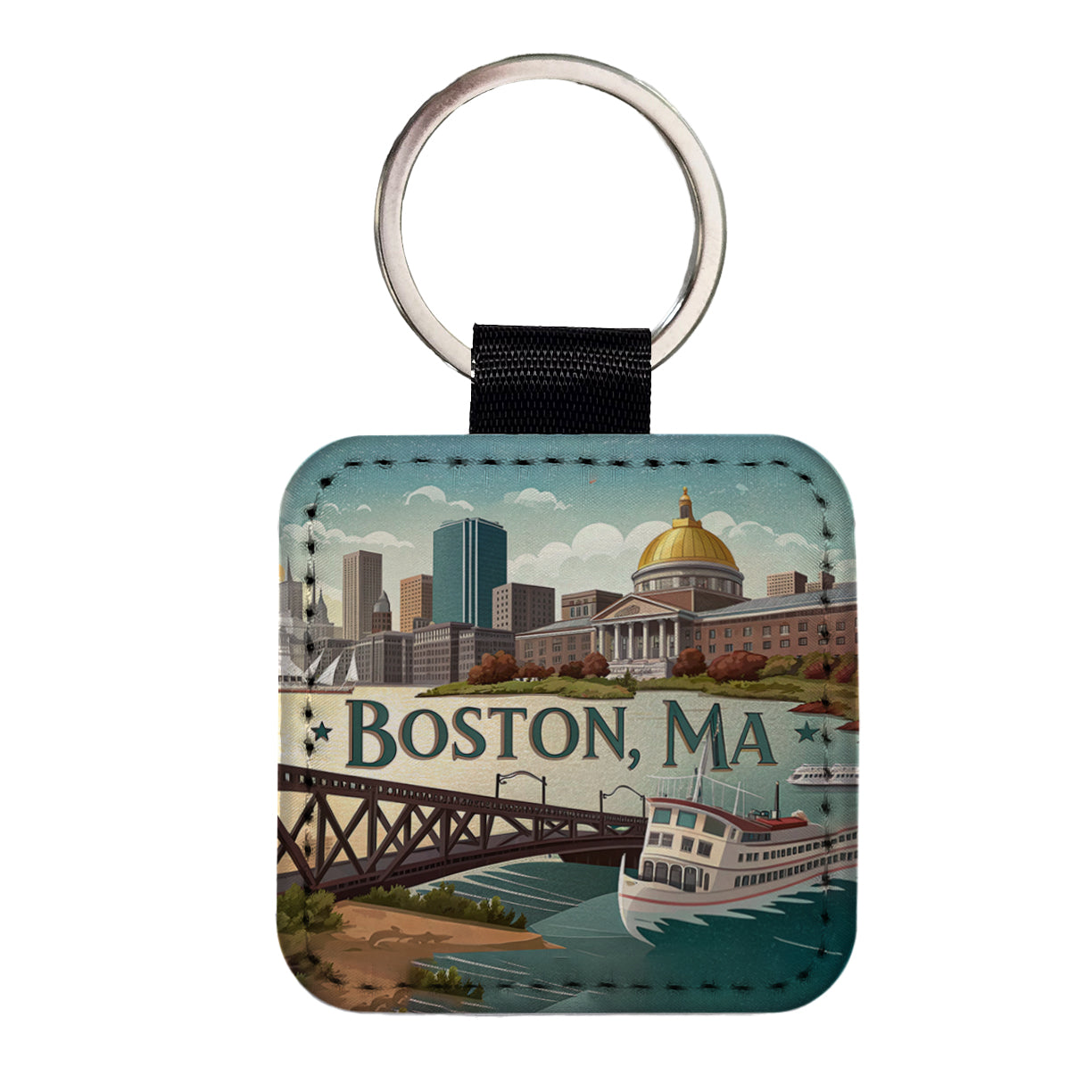Boston, Massachusetts MA Travel City State Stamp Square Faux Leather Keychain
