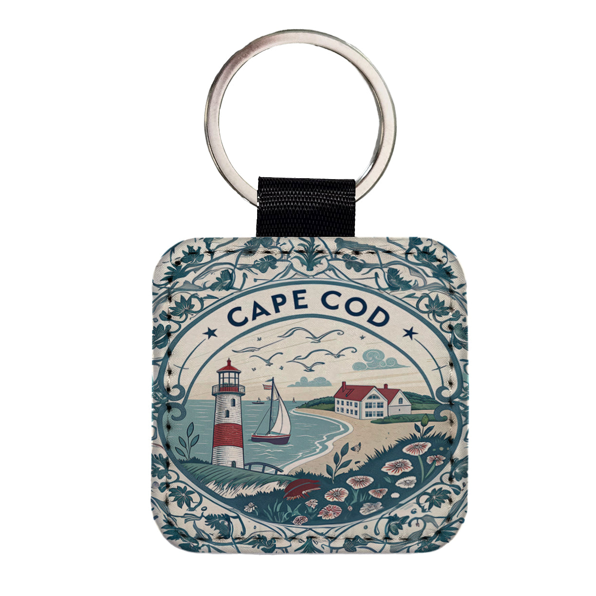 Cape Cod, Massachusetts MA Travel City State Stamp Square Faux Leather Keychain