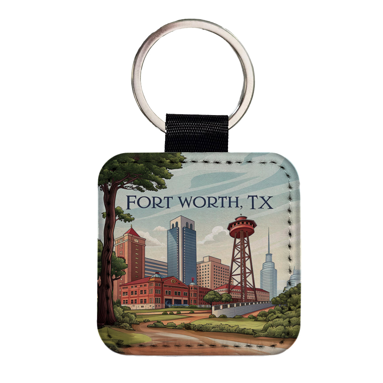 Fort Worth, Texas TX Travel City State Stamp Square Faux Leather Keychain