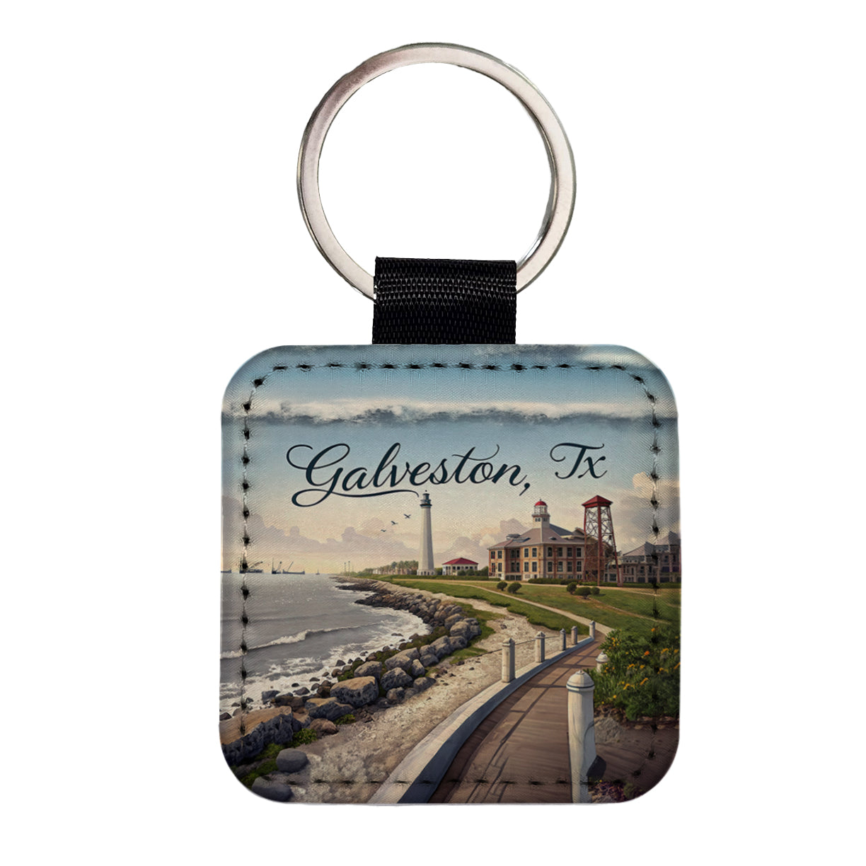 Galveston, Texas TX Travel City State Stamp Square Faux Leather Keychain