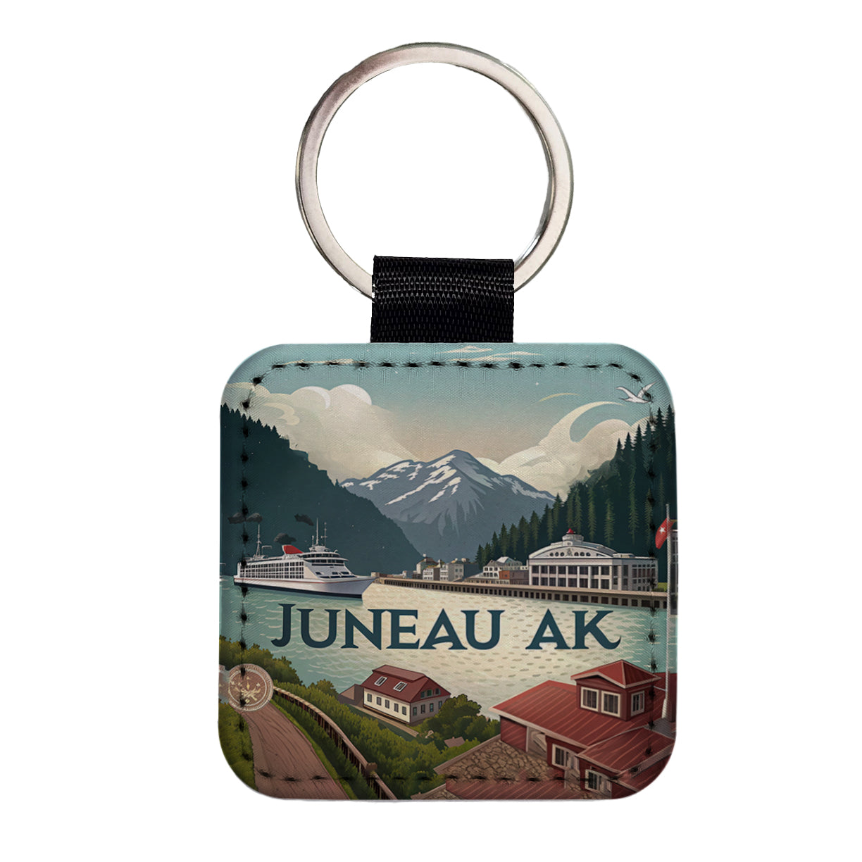 Juneau, Alaska AK Travel City State Stamp Square Faux Leather Keychain