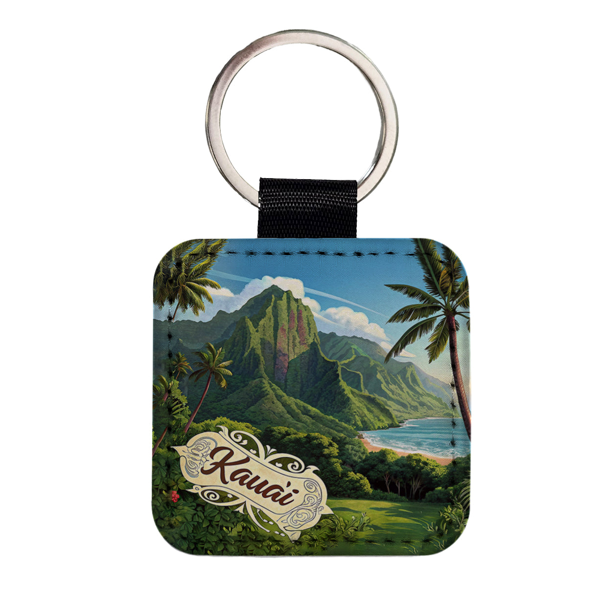Kaua'i, Hawaii Hi Tropical Travel City State Stamp Square Faux Leather Keychain