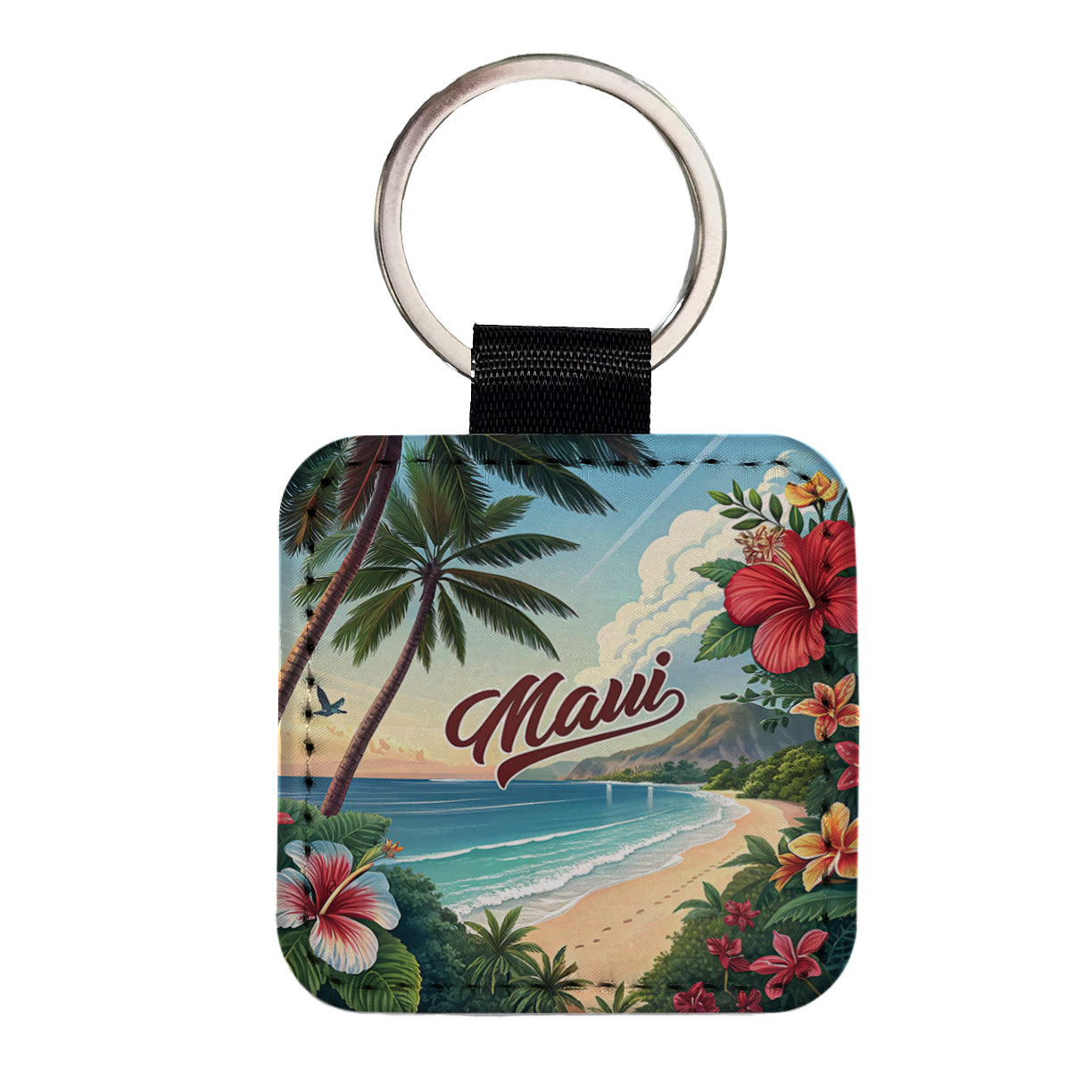 Maui, Hawaii HI Travel City State Stamp Square Faux Leather Keychain