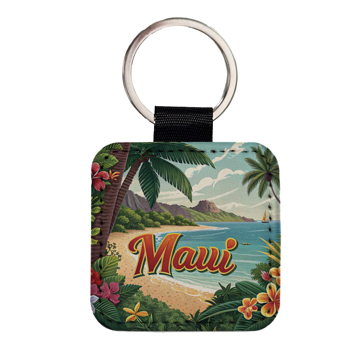Maui, Hawaii HI Tropical Travel City State Stamp Square Faux Leather Keychain