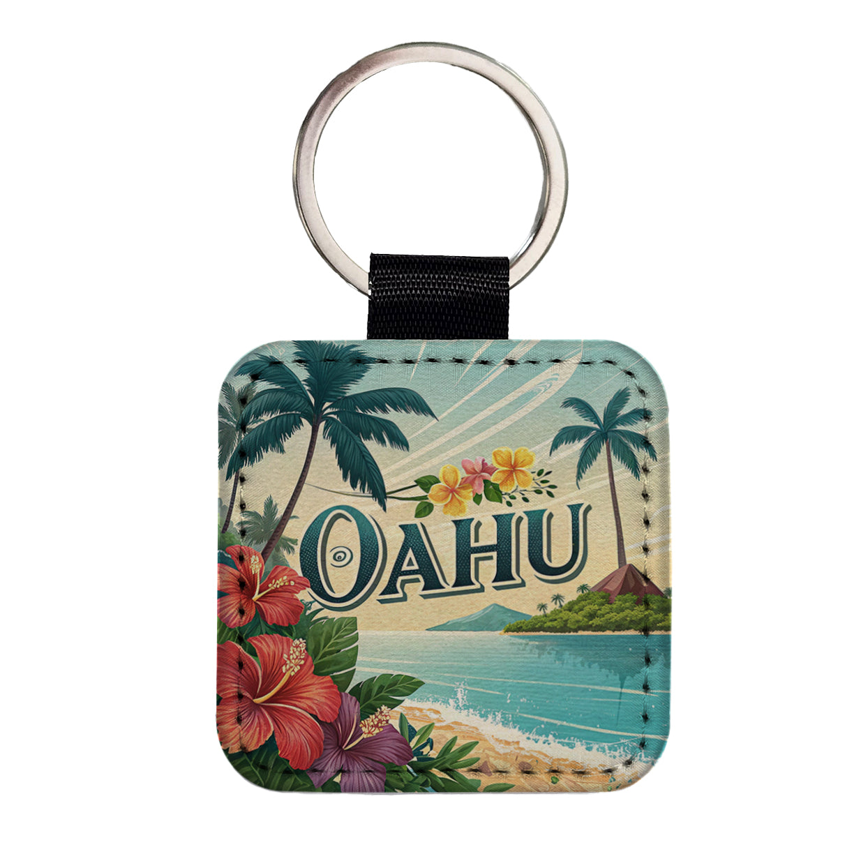 O'Ahu Hawaii HI Travel City State Stamp Square Faux Leather Keychain