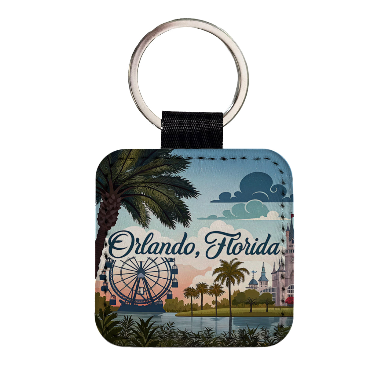 Orlando, Florida FL Travel City State Stamp Square Faux Leather Keychain