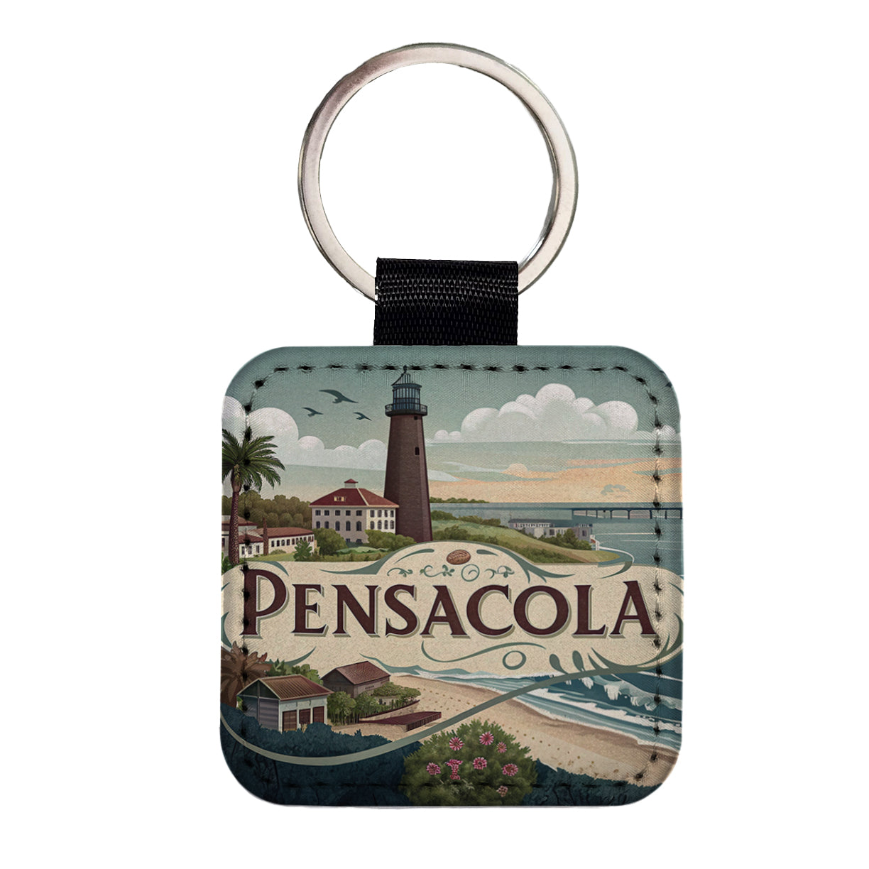 Pensacola, Florida FL Travel City State Stamp Square Faux Leather Keychain