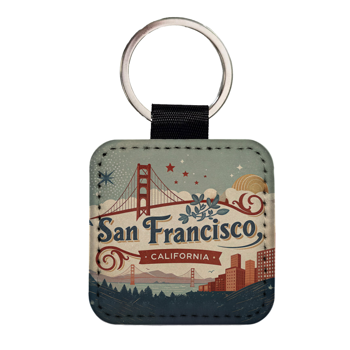 San Francisco, California CA Travel City State Stamp Square Faux Leather Keychain