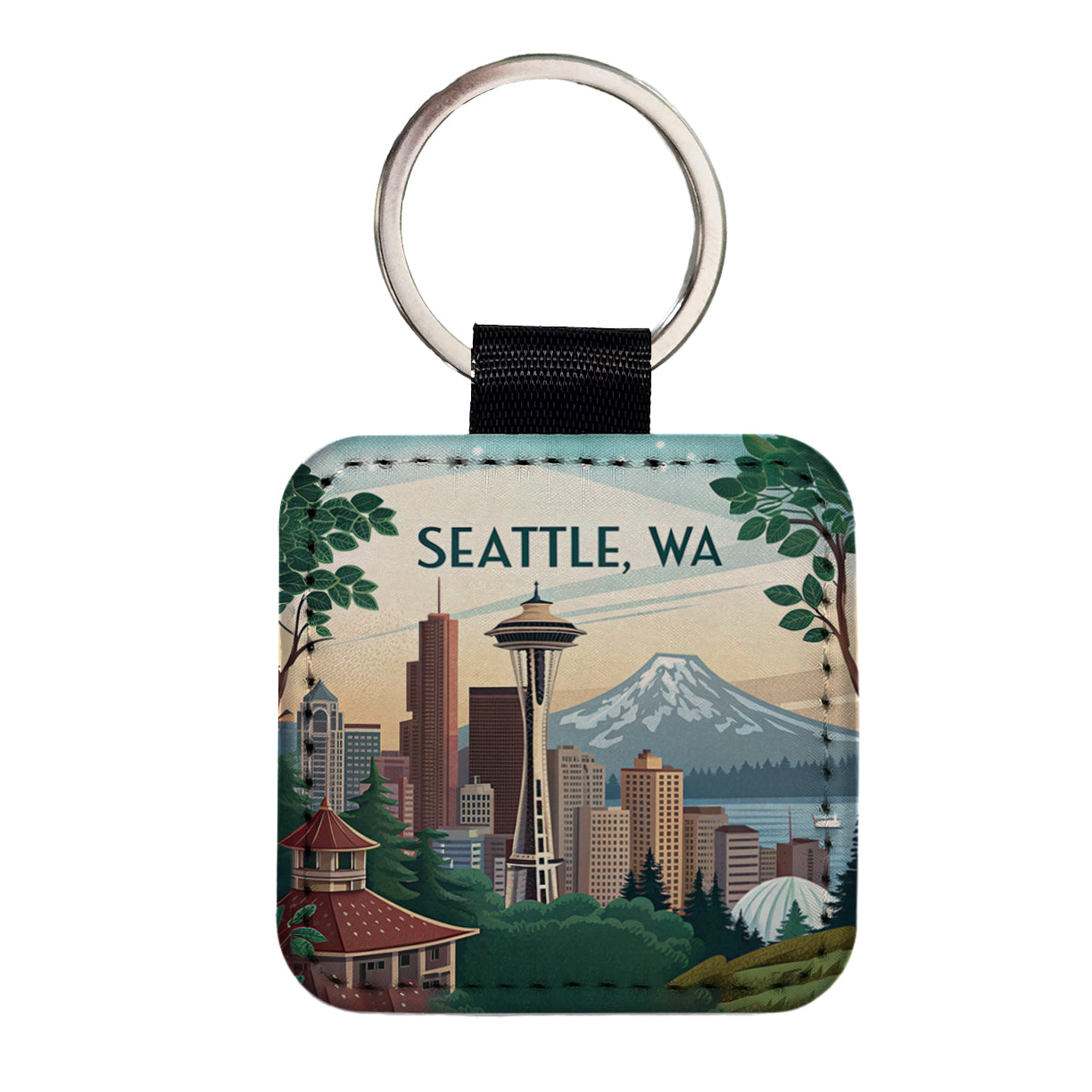 Seattle, Washington WA Travel City State Stamp Square Faux Leather Keychain