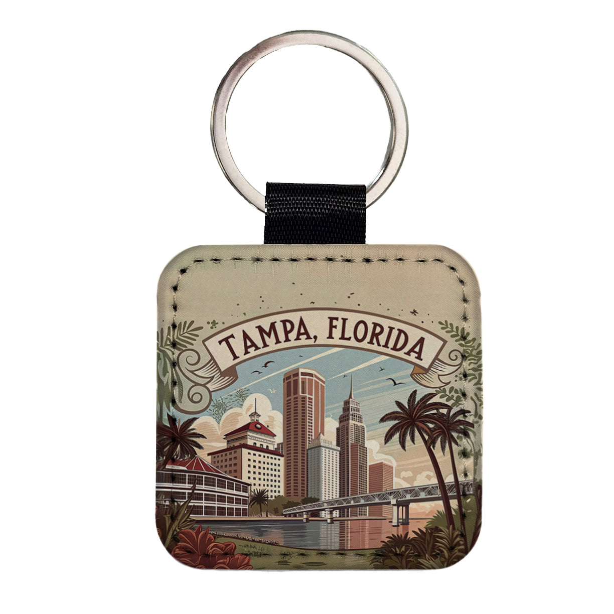 Tampa, Florida FL Travel City State Stamp Square Faux Leather Keychain