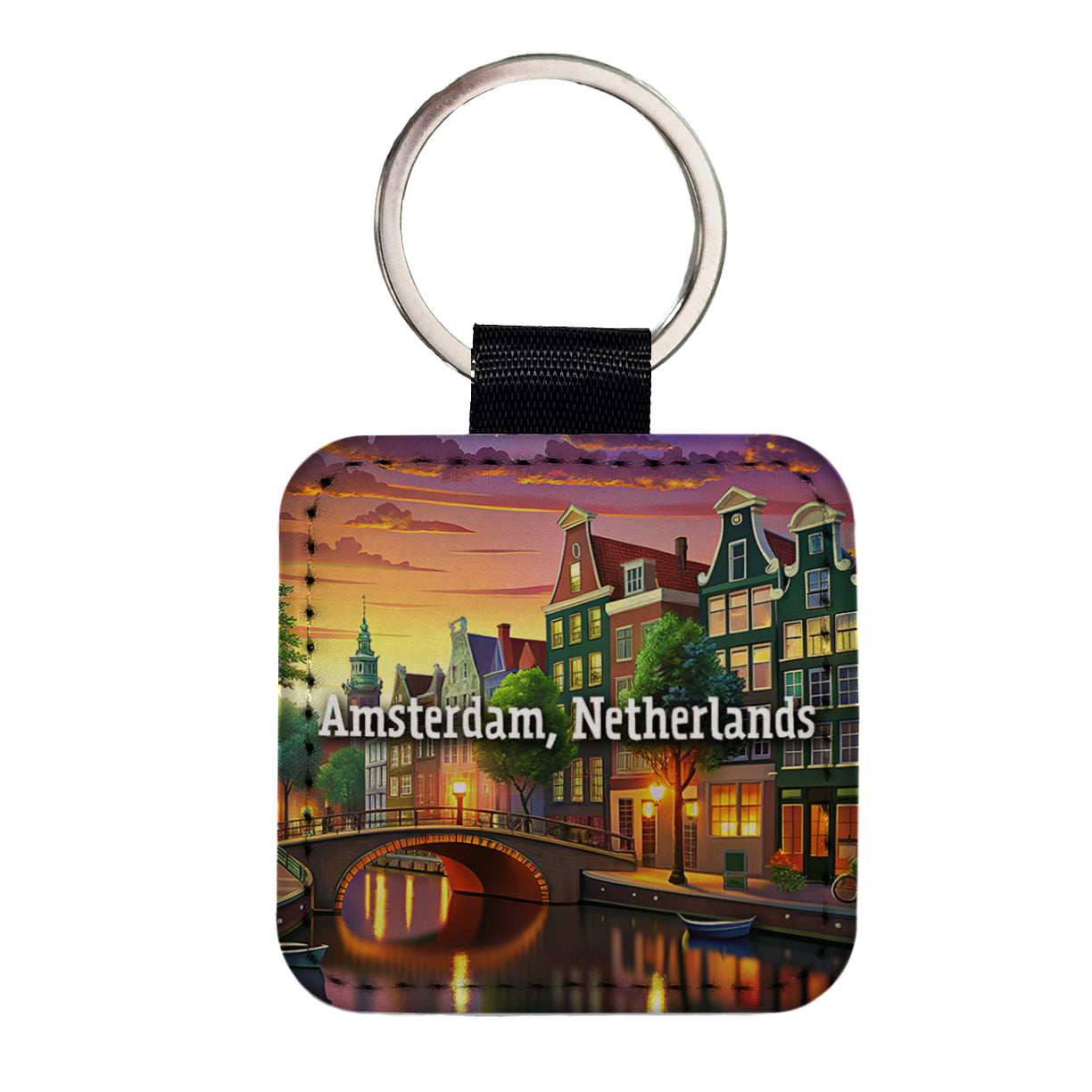 Amsterdam, Netherlands Travel City Country Stamp Square Faux Leather Keychain