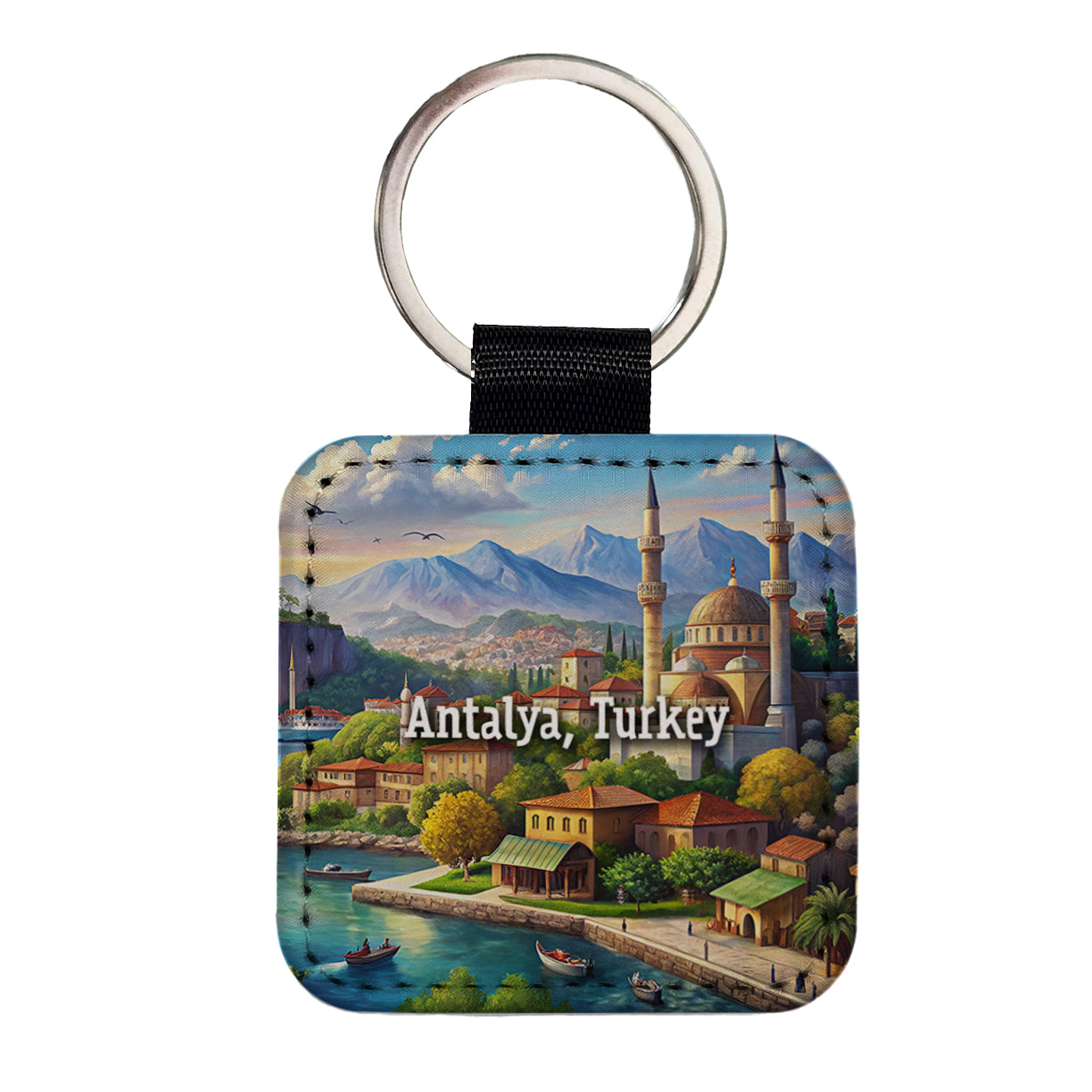 Antalya, Turkey Travel City Country Stamp Square Faux Leather Keychain