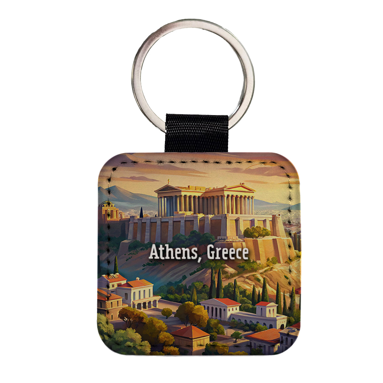 Athens, Greece Travel City Country Stamp Square Faux Leather Keychain
