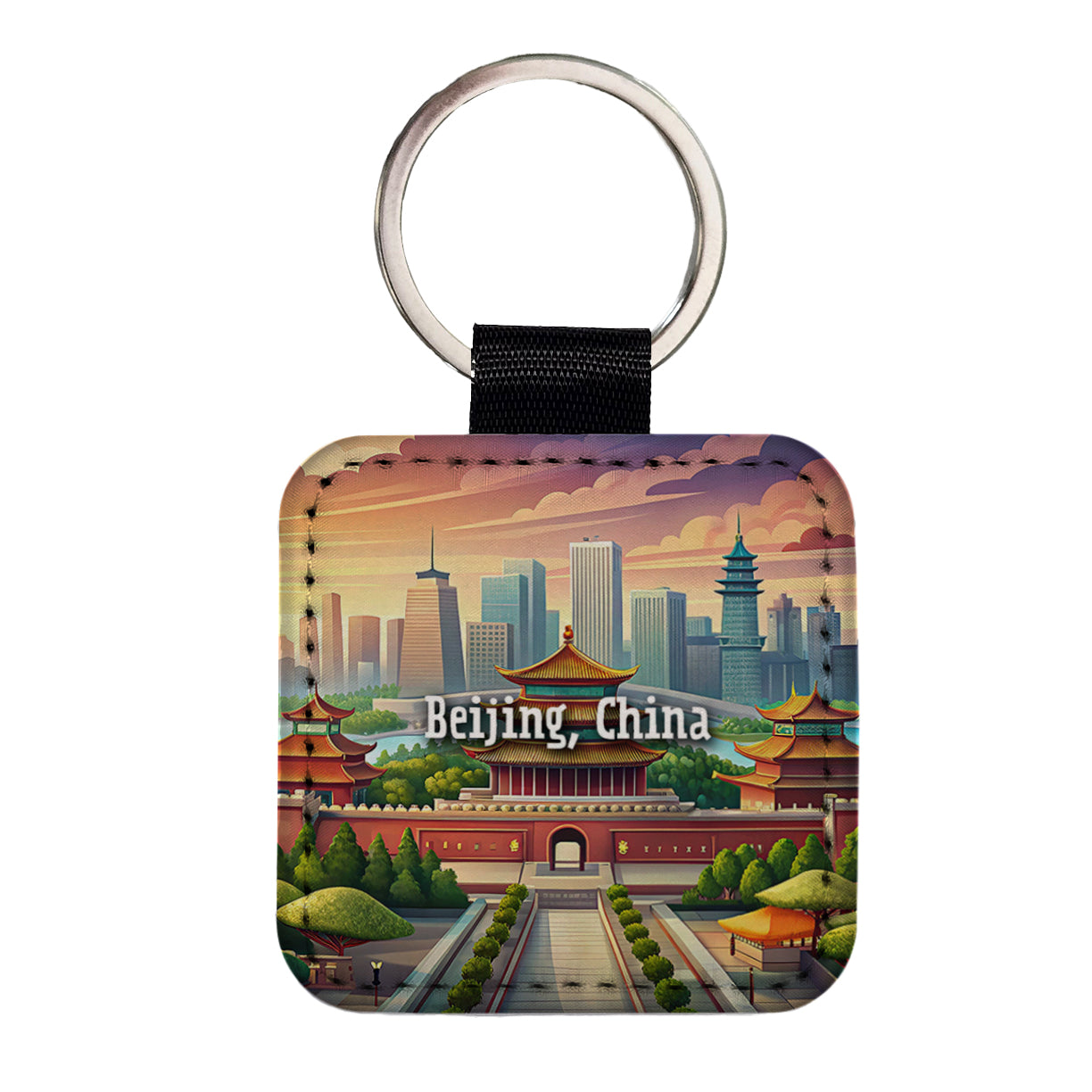 Beijing, China Travel City Country Stamp Square Faux Leather Keychain