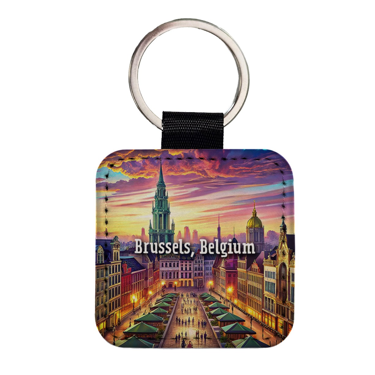 Brussels, Belgium Travel City Country Stamp Square Faux Leather Keychain