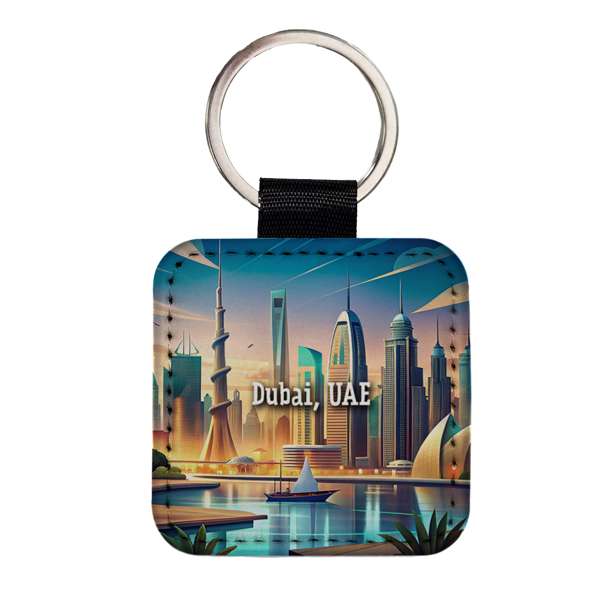 Dubai, UAE Travel City Country Stamp Square Faux Leather Keychain