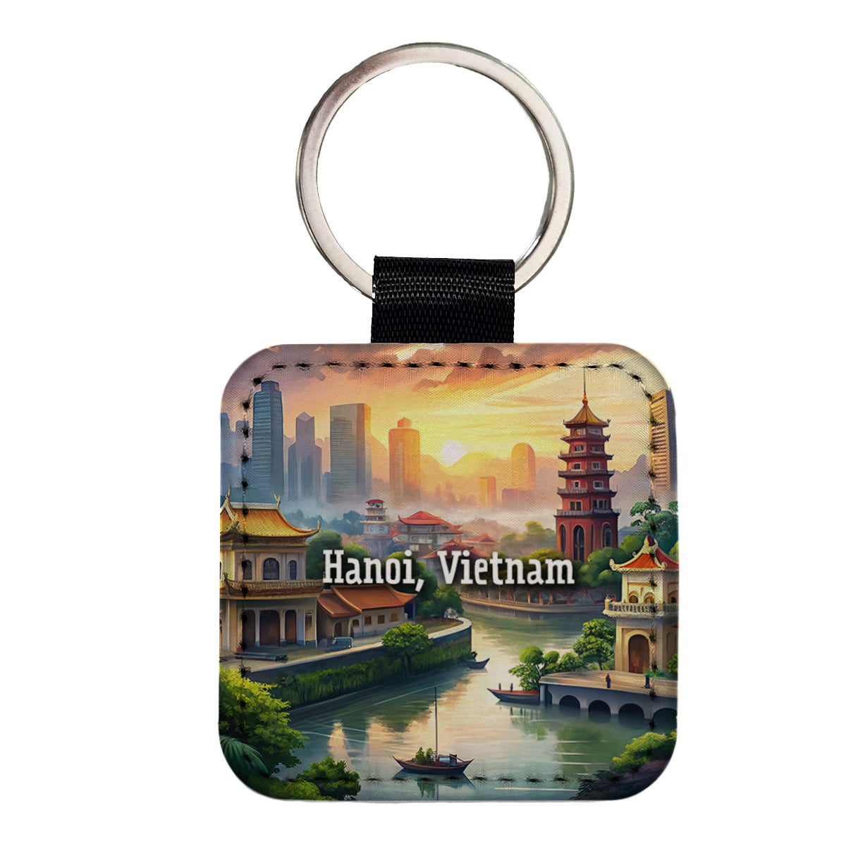 Hanoi, Vietnam Travel City Country Stamp Square Faux Leather Keychain