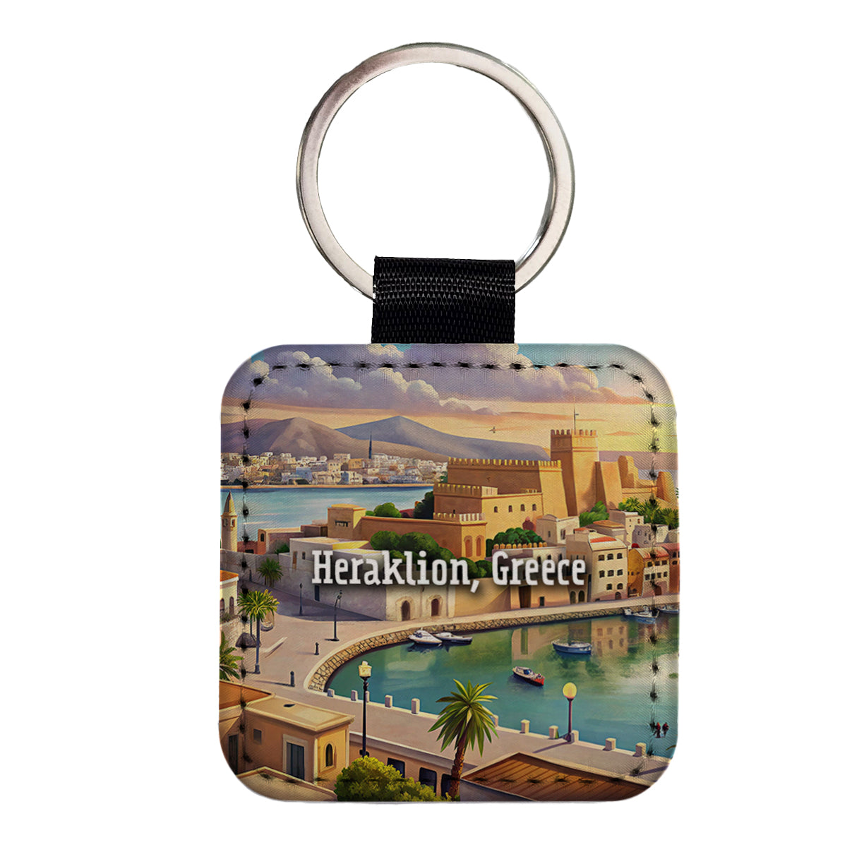 Heraklion, Greece Travel City Country Stamp Square Faux Leather Keychain