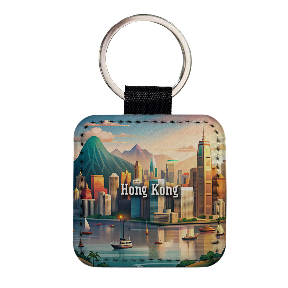 Hong Kong Travel City Country Stamp Square Faux Leather Keychain