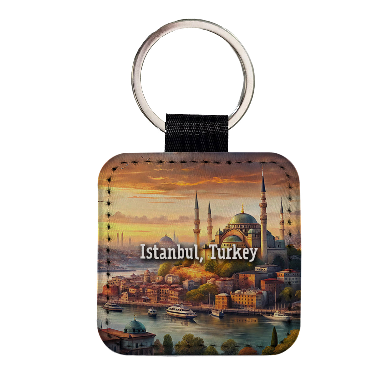 Istanbul, Turkey Travel City Country Stamp Square Faux Leather Keychain