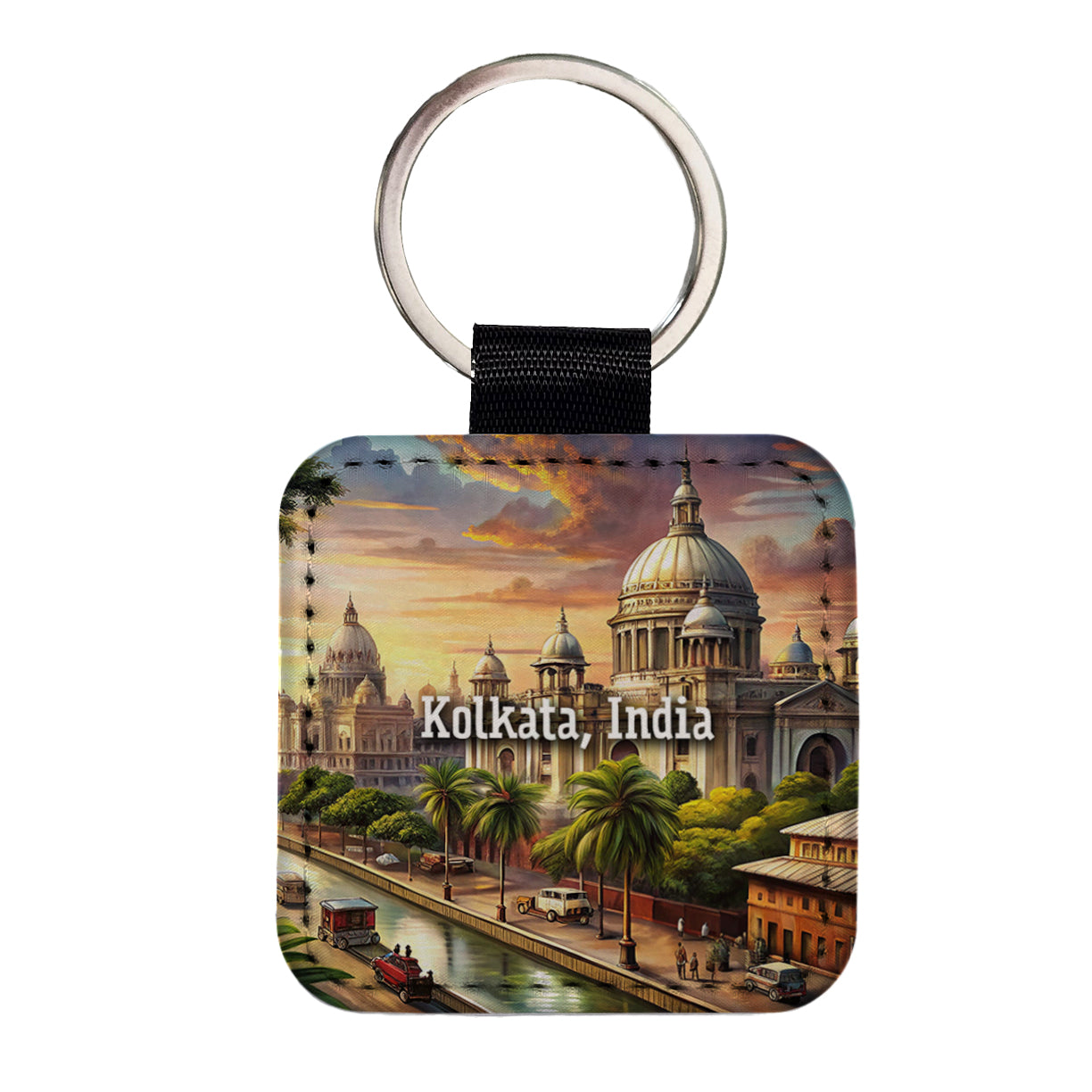 Kolkata, India Travel City Country Stamp Square Faux Leather Keychain