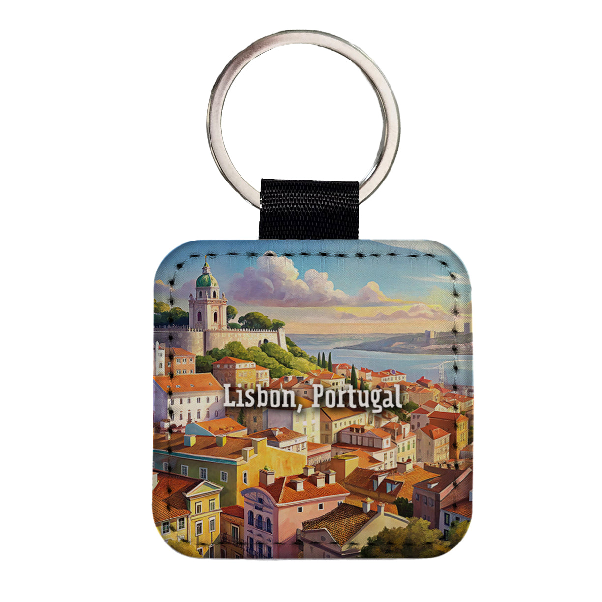 Lisbon, Portugal Travel City Country Stamp Square Faux Leather Keychain