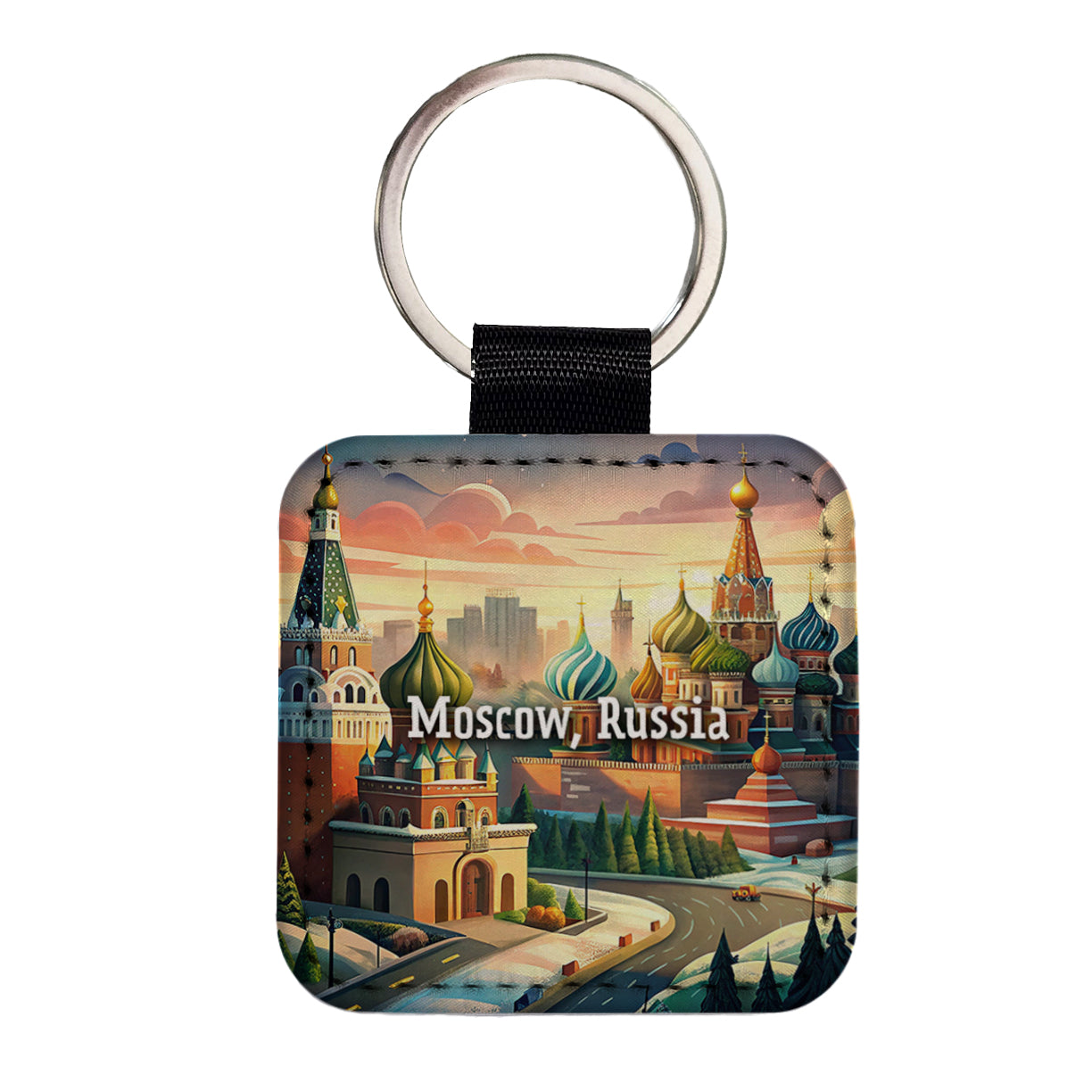 Moscow, Russia Travel City Country Stamp Square Faux Leather Keychain