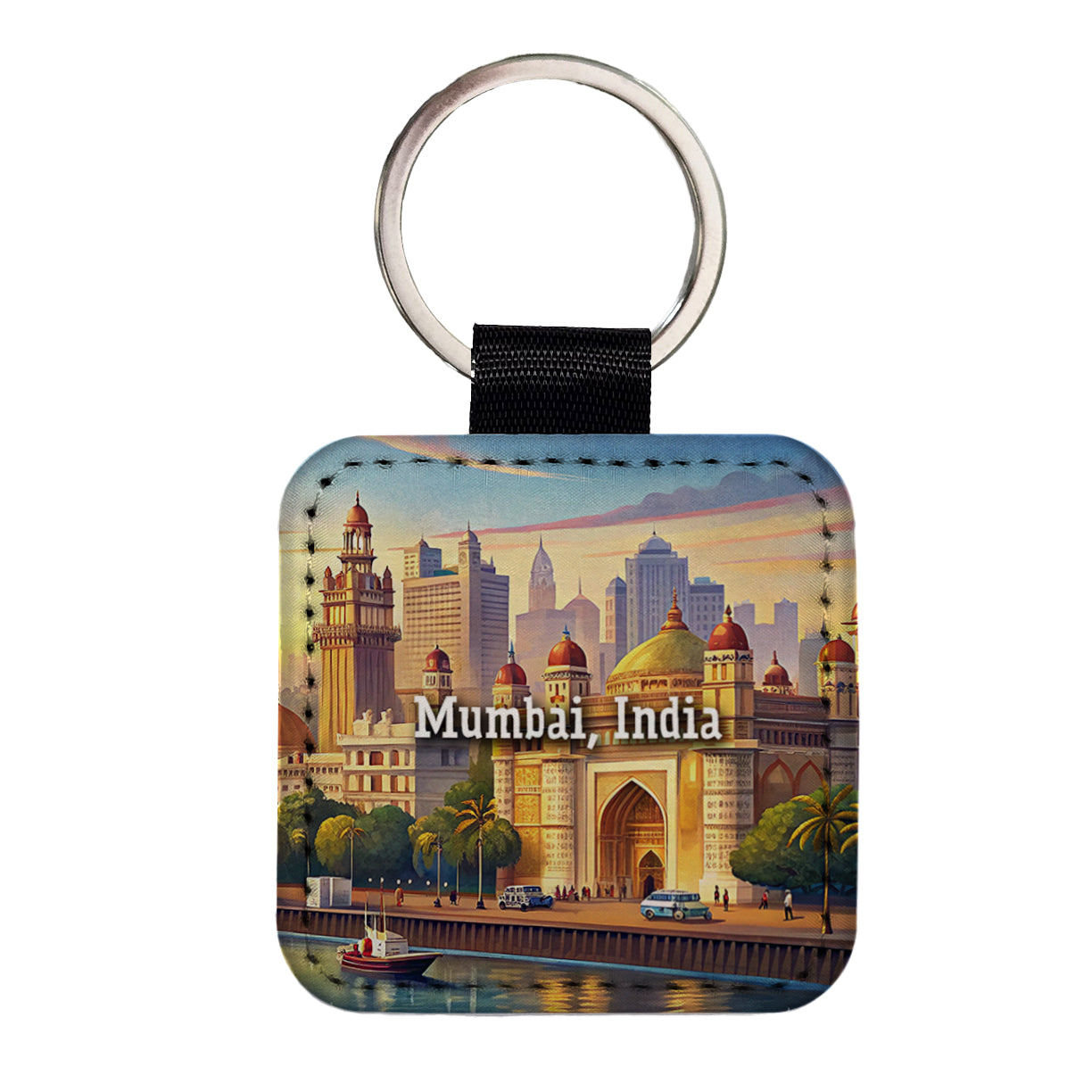 Mumbai, India Travel City Country Stamp Square Faux Leather Keychain
