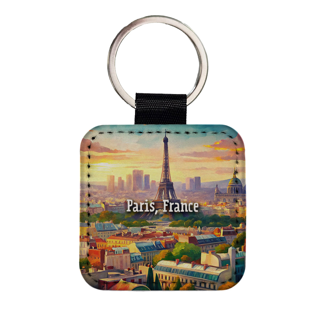Paris, France Travel City Country Stamp Square Faux Leather Keychain