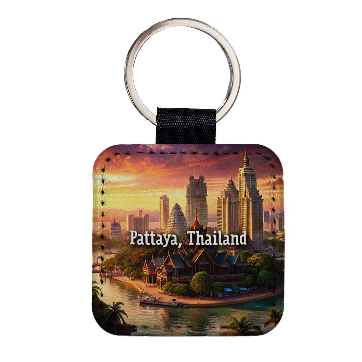 Pattaya, Thailand Travel City Country Stamp Square Faux Leather Keychain
