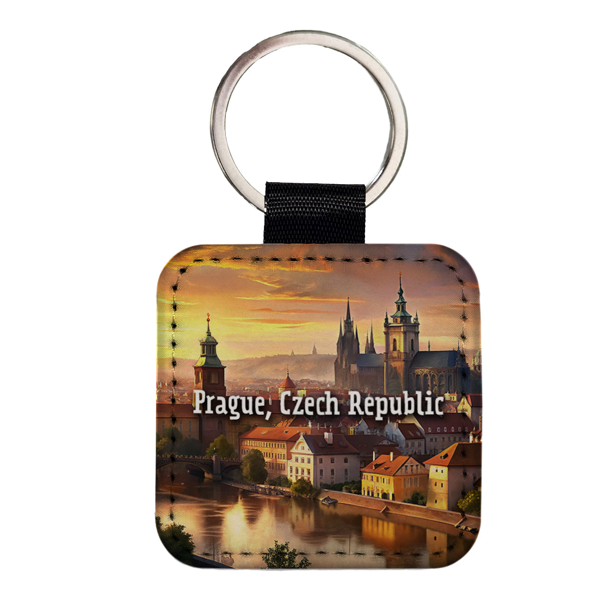 Prague, Czech Republic Travel City Country Stamp Square Faux Leather Keychain