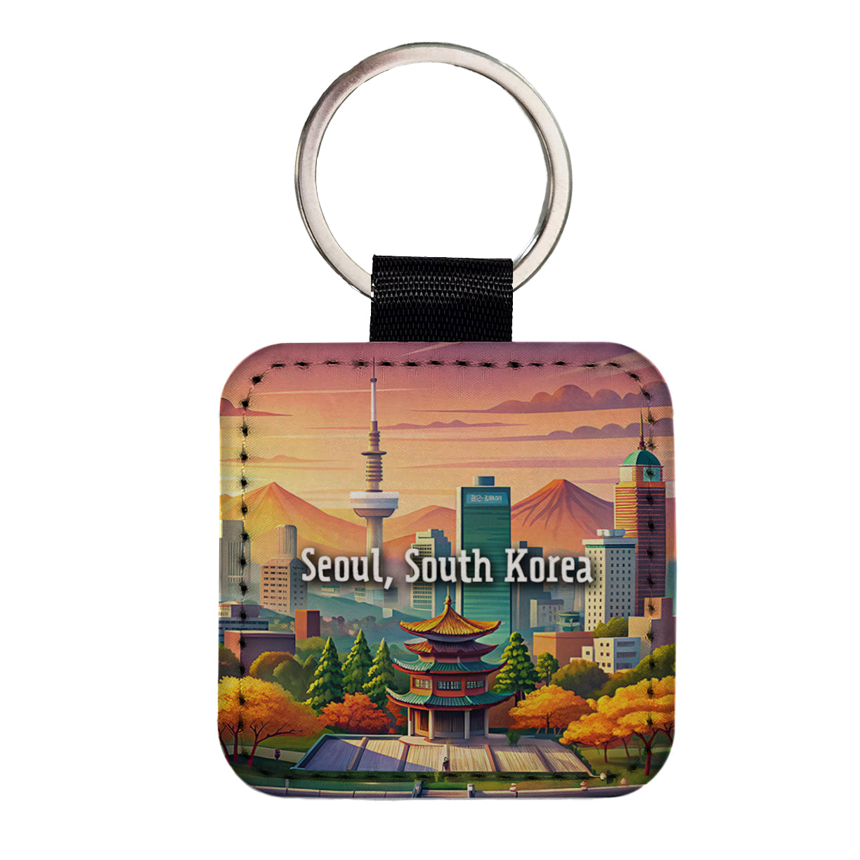 Seoul, South Korea Travel City Country Stamp Square Faux Leather Keychain
