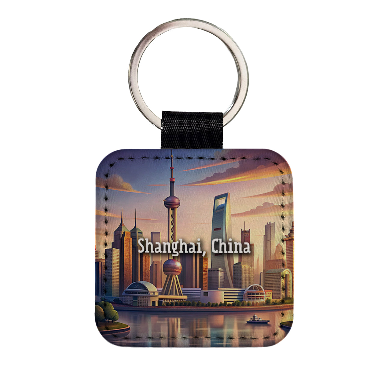 Shanghai, China Travel City Country Stamp Square Faux Leather Keychain