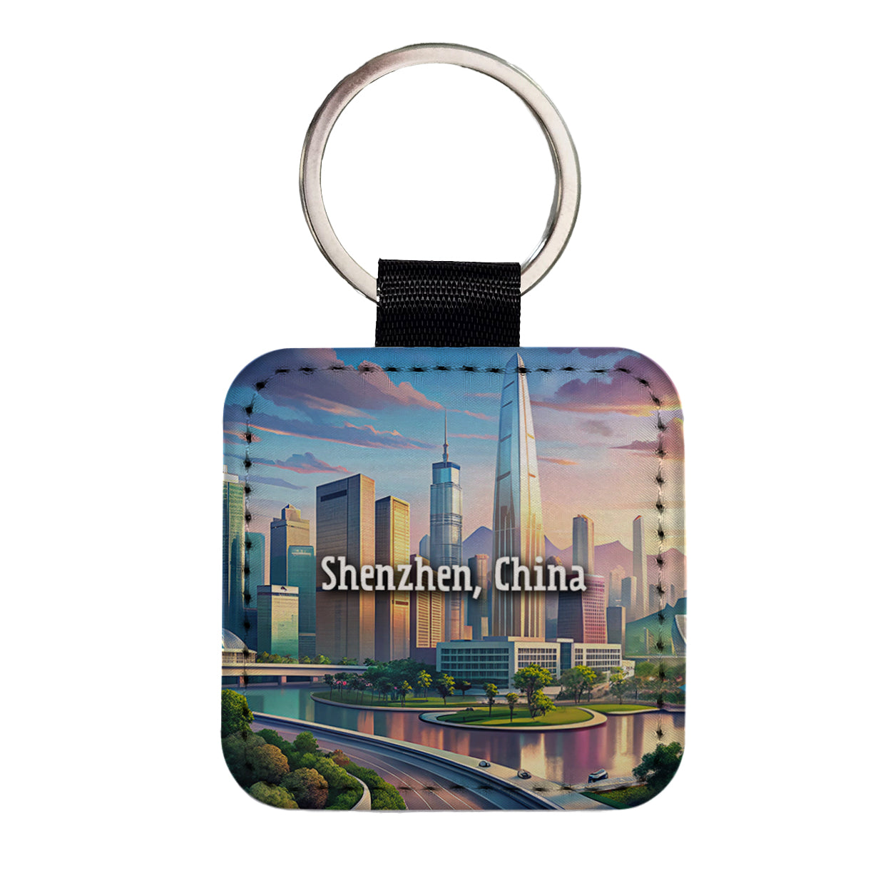 Shenzhen, China Travel City Country Stamp Square Faux Leather Keychain