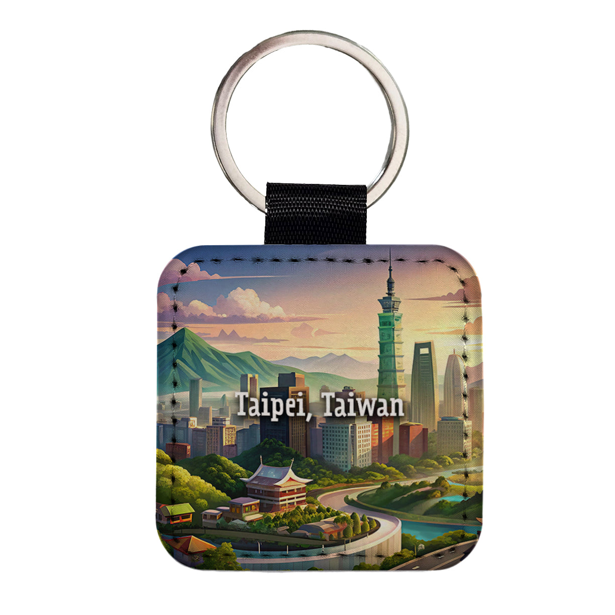 Taipei, Taiwan Travel City Country Stamp Square Faux Leather Keychain