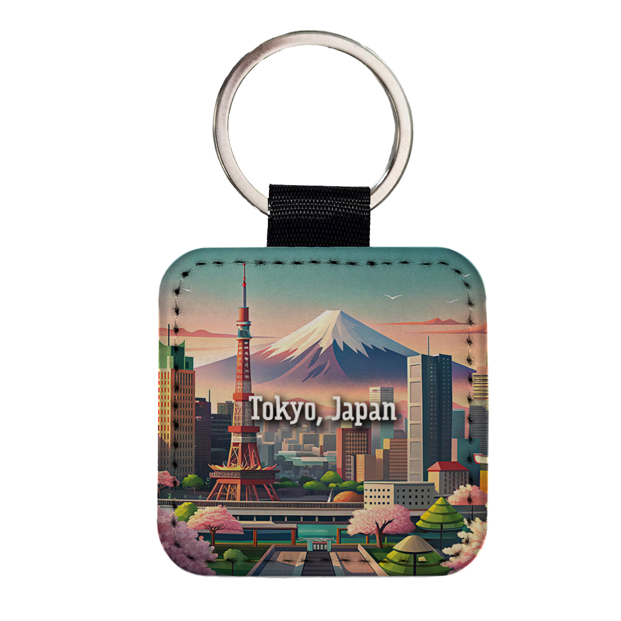 Tokyo, Japan Travel City Country Stamp Square Faux Leather Keychain