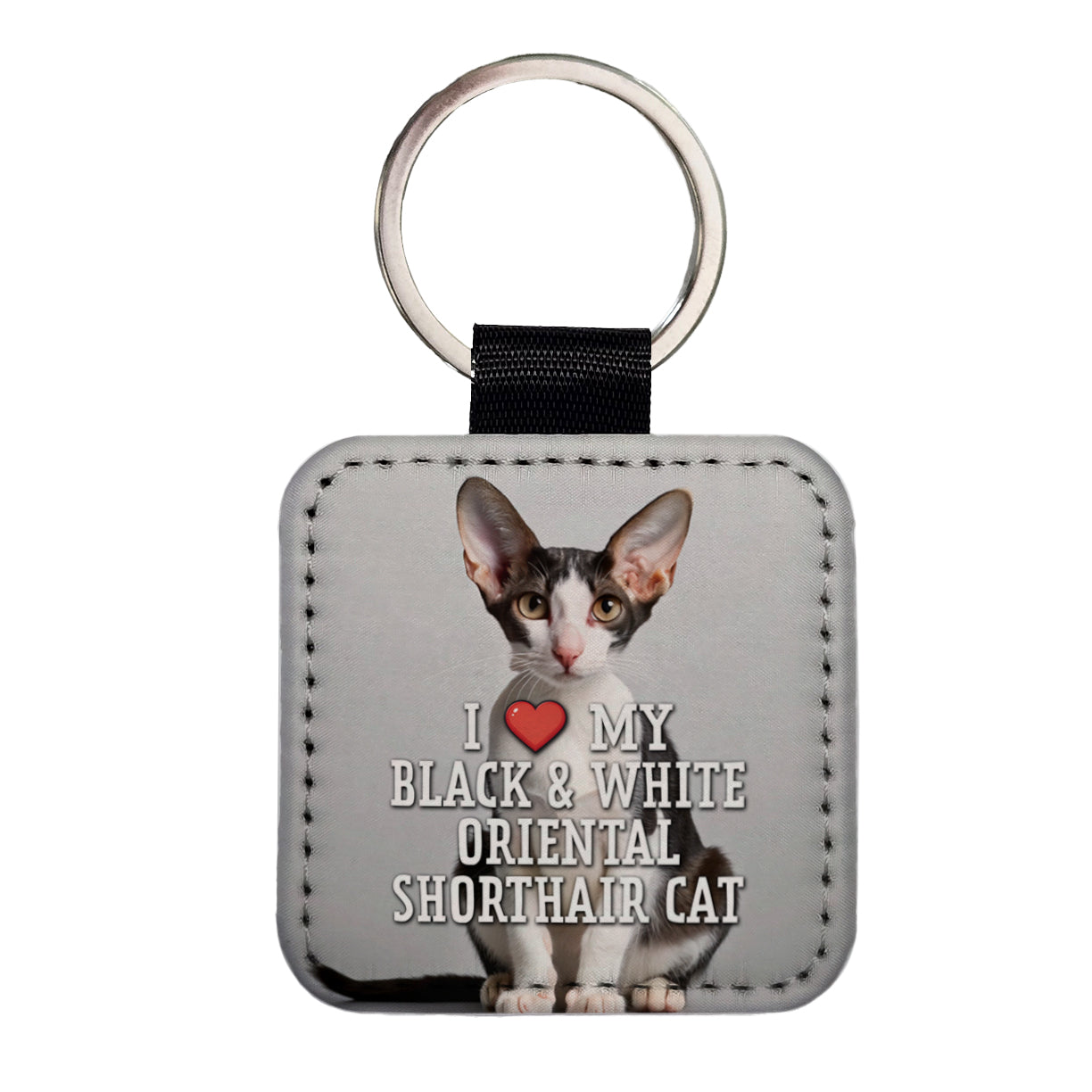 I Love My Black & White Oriental Shorthair Cat Heart Square Faux Leather Keychain
