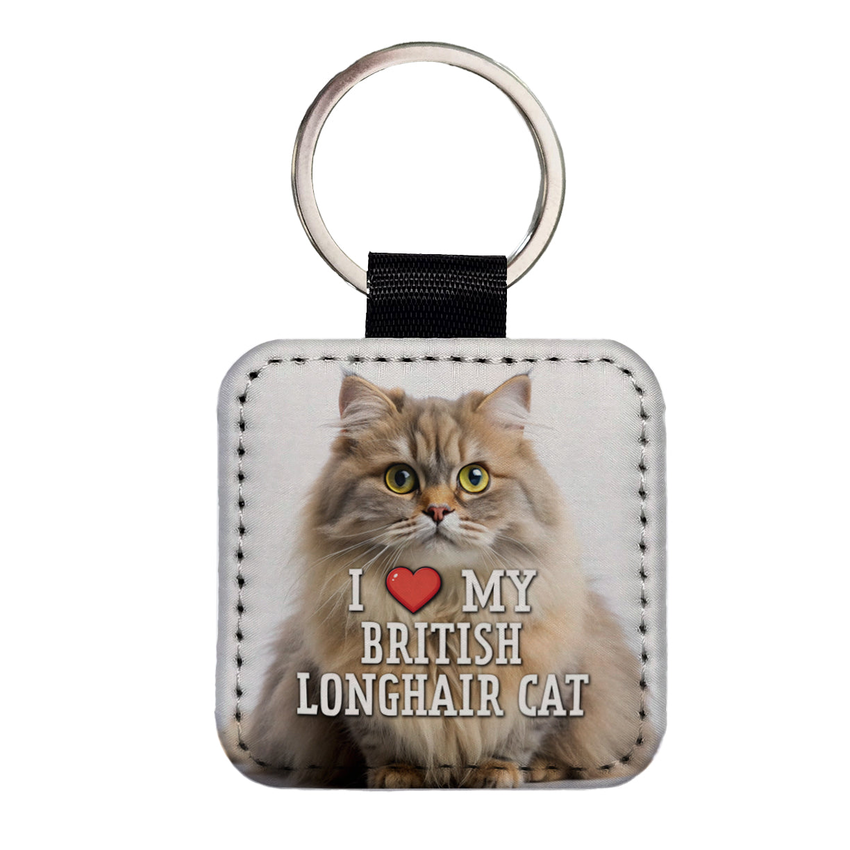 I Love My British Longhair Cat Heart Square Faux Leather Keychain