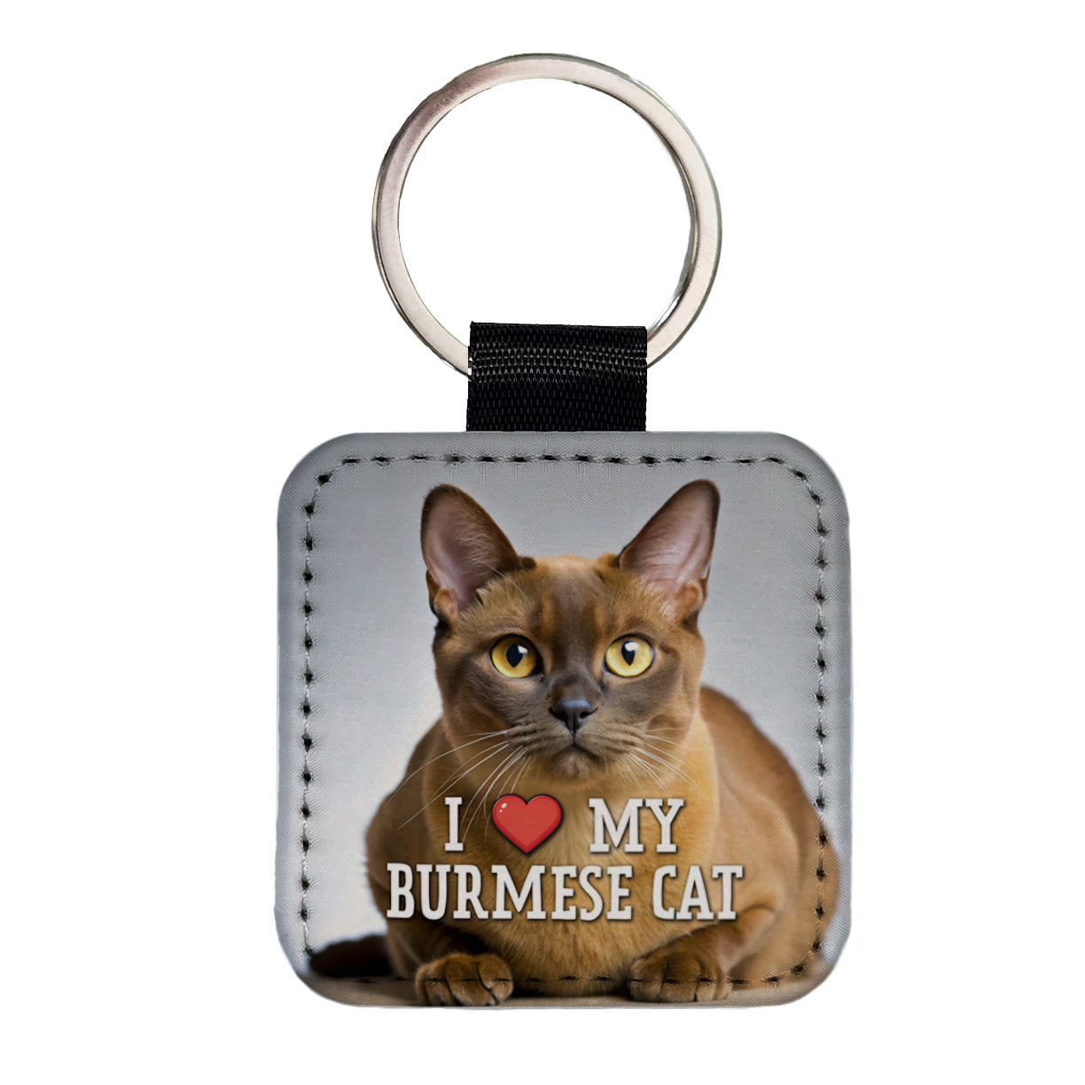I Love My Burmese Cat Heart Square Faux Leather Keychain