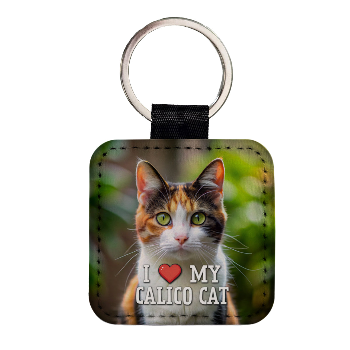 I Love My Calico Cat Heart Square Faux Leather Keychain