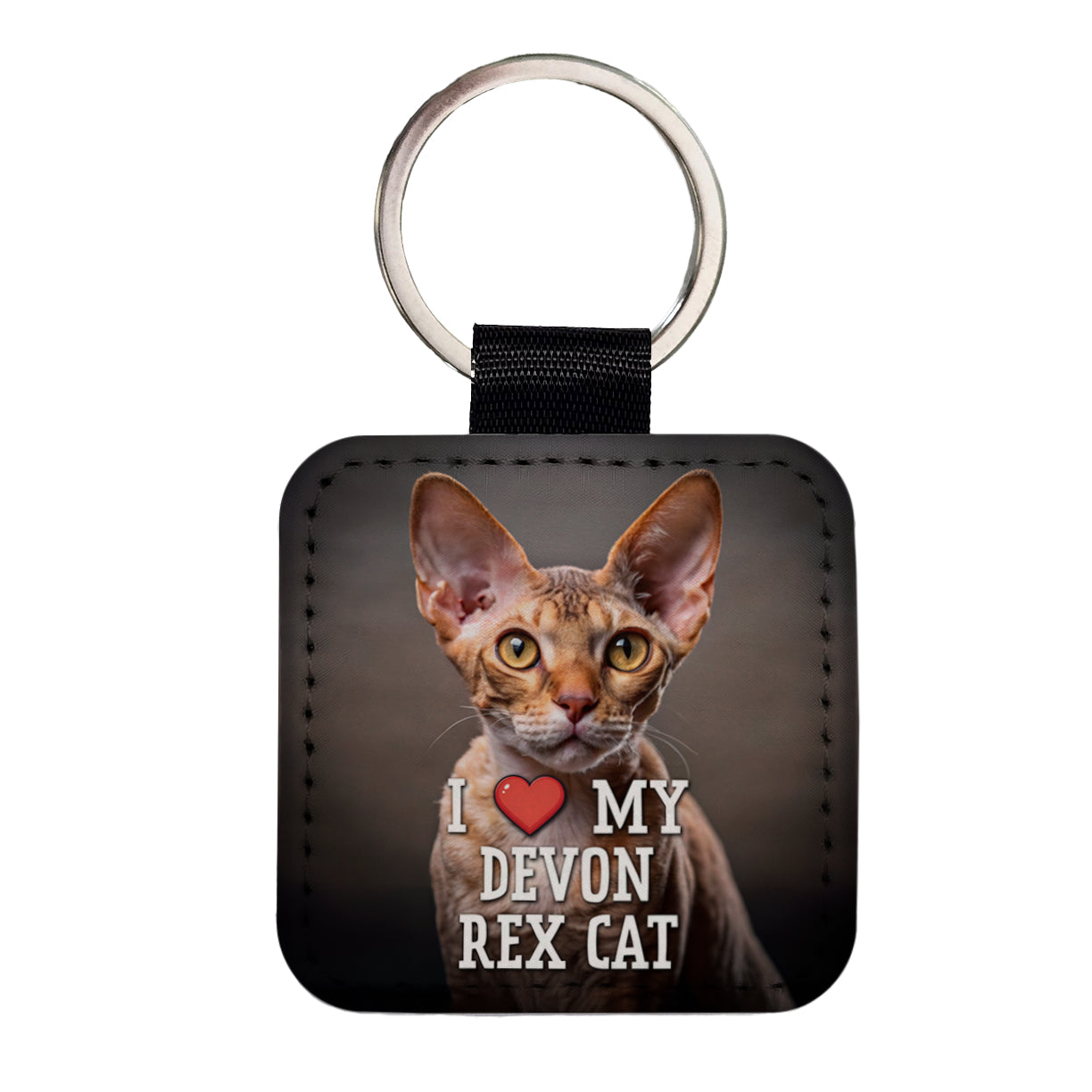 I Love My Devon Rex Cat Heart Square Faux Leather Keychain