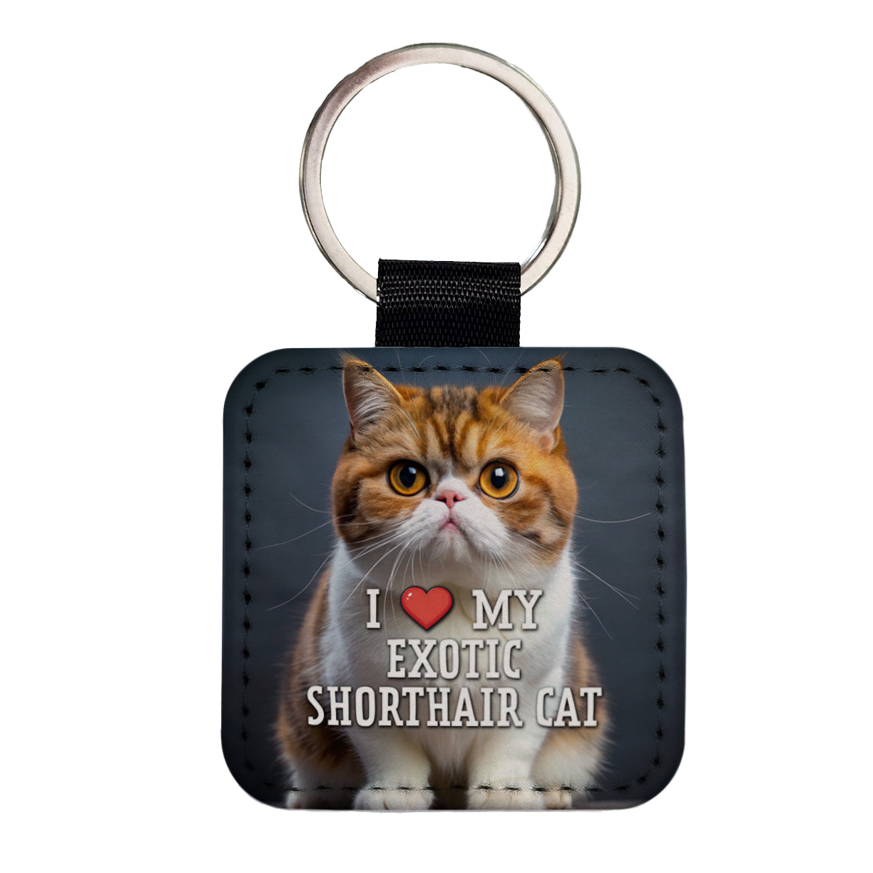 I Love My Exotic Shorthair Cat Heart Square Faux Leather Keychain