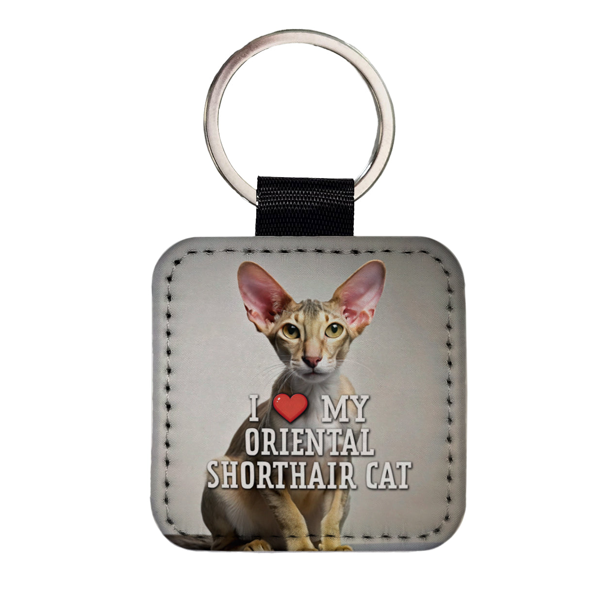I Love My Oriental Shorthair Cat Heart Square Faux Leather Keychain