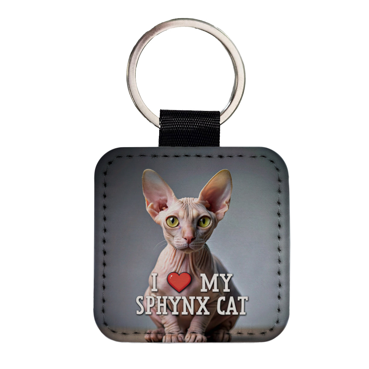 I Love My Sphynx Cat Heart Square Faux Leather Keychain