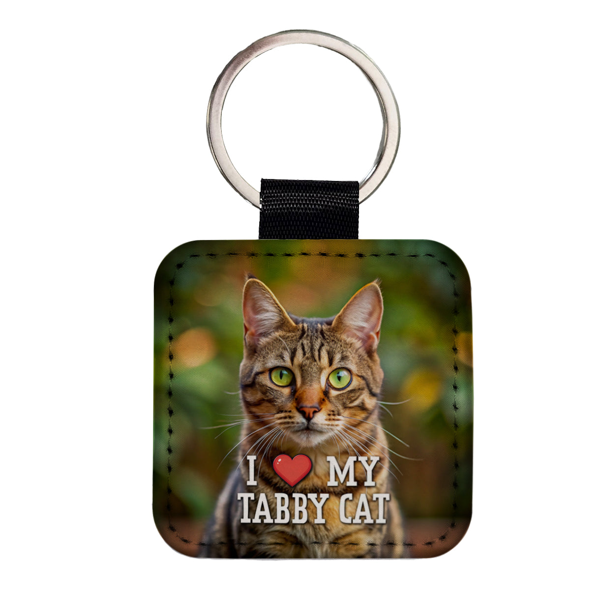 I Love My Tabby Cat Heart Square Faux Leather Keychain