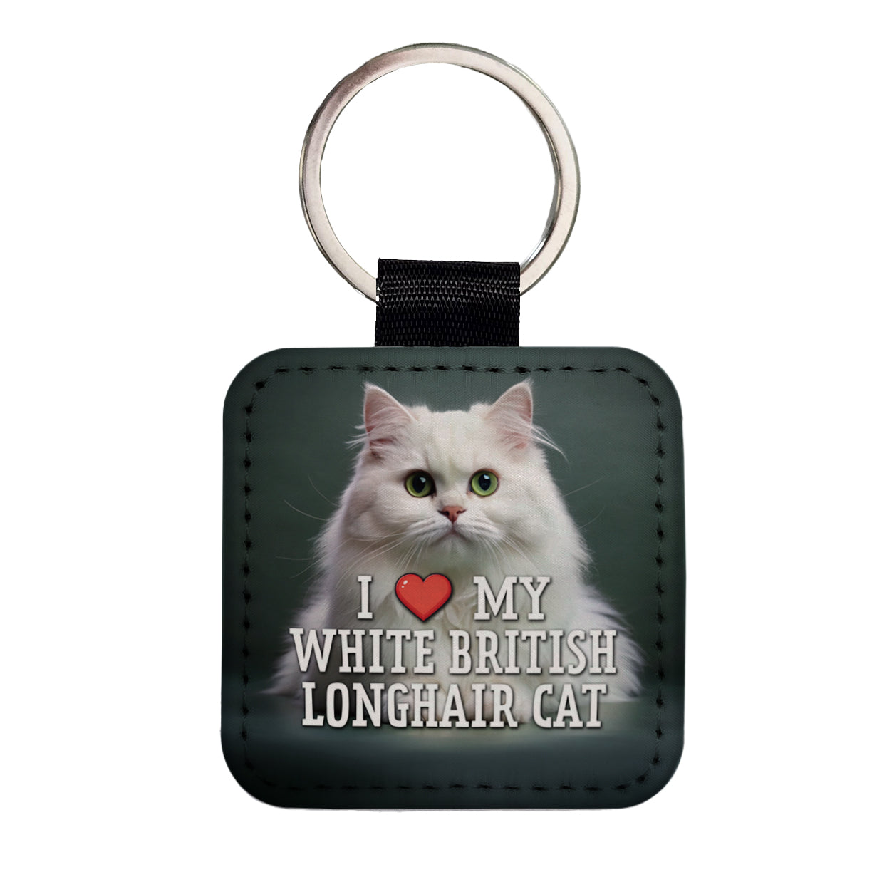 I Love My White British Longhair Cat Heart Square Faux Leather Keychain