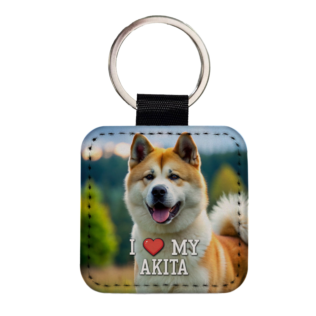 I Love My Akita Dog Heart Square Faux Leather Keychain