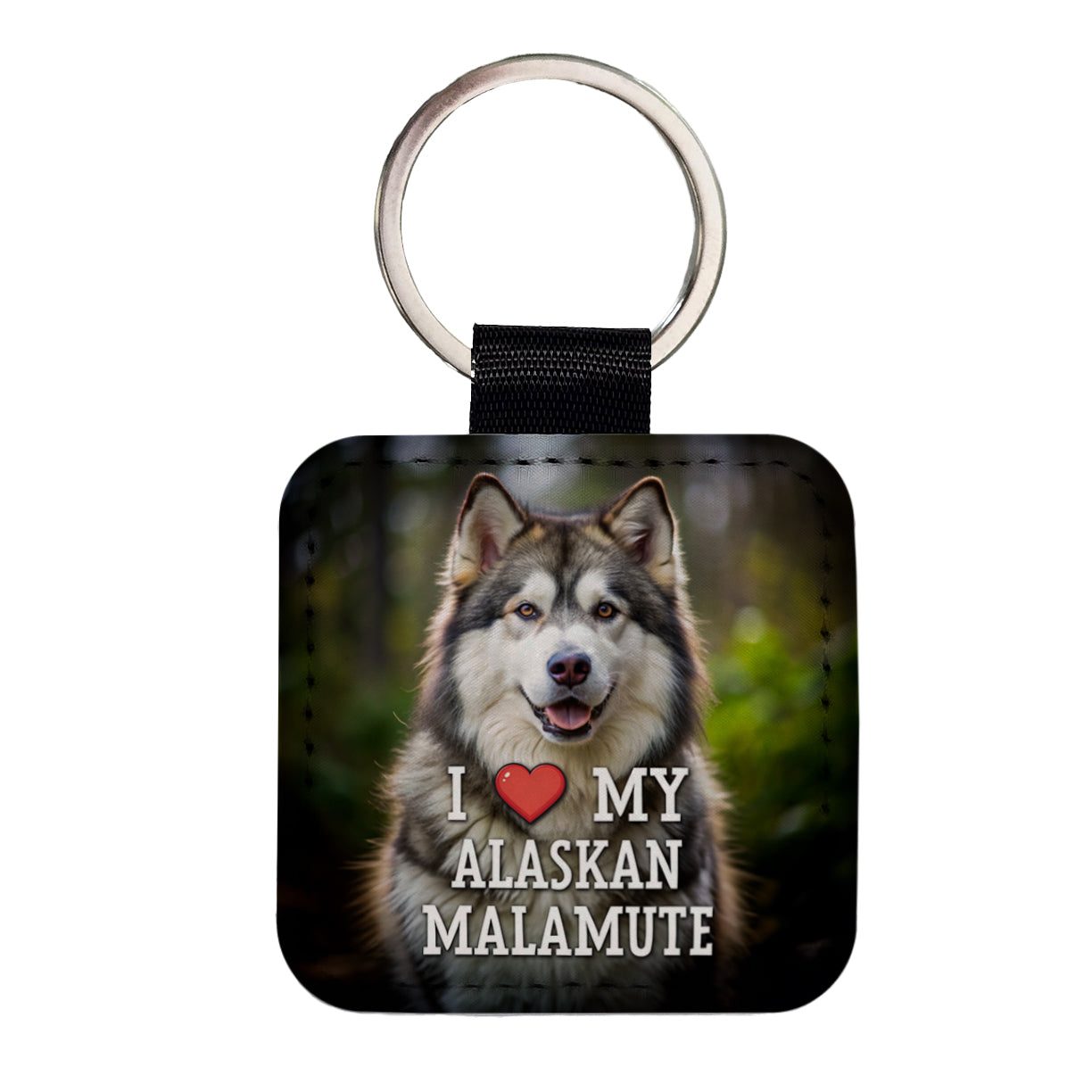 I Love My Alaskan Malamute Dog Heart Square Faux Leather Keychain