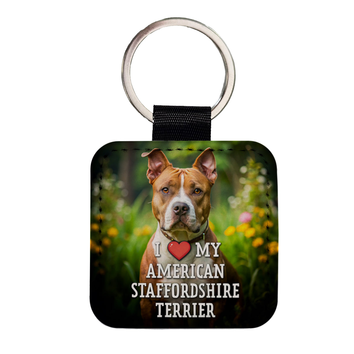 I Love My American Staffordshire Terrier Dog Heart Square Faux Leather Keychain