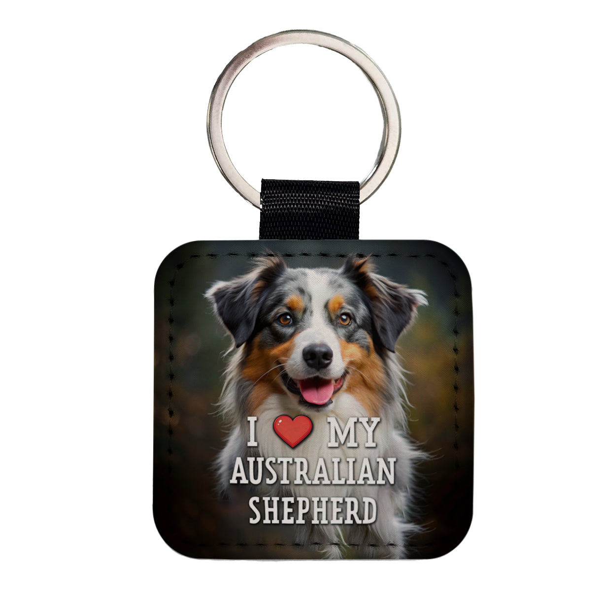 I Love My Australian Shepherd Dog Heart Square Faux Leather Keychain